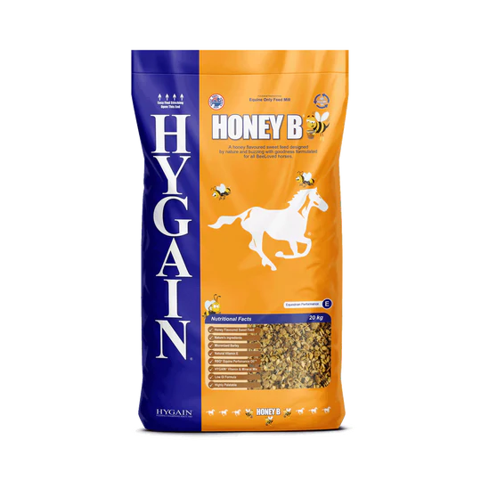 Bag of Hygain Honey B horse feed with a running horse illustration. Orange and blue colours with a bee logo — Territory Stock Feed & Saddlery in Alice Springs, NT