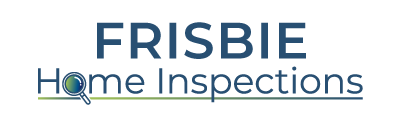 A logo for frisbie home inspections with a magnifying glass.