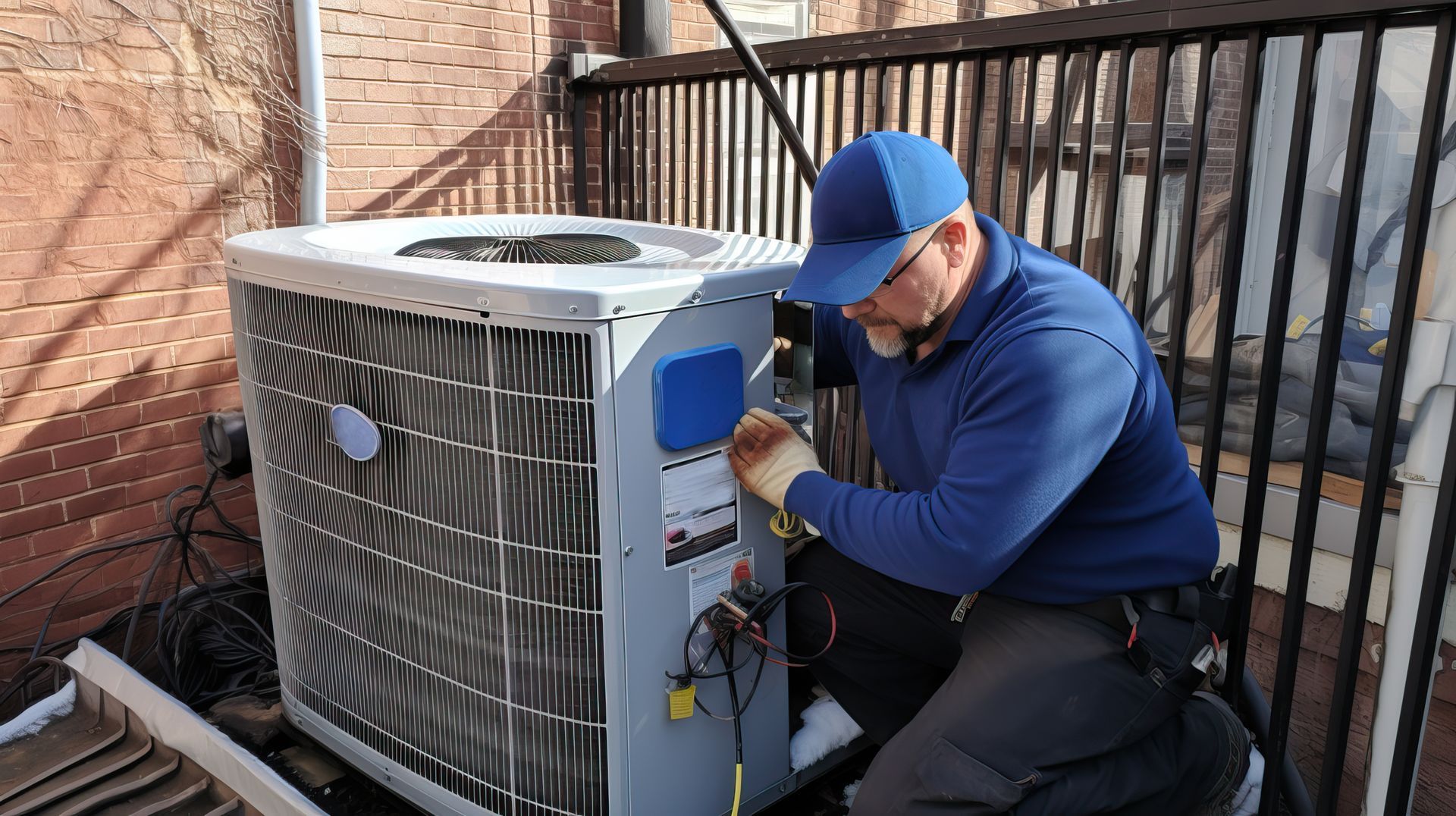 HVAC tech inspects rooftop AC condenser during maintenance check