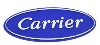 Carrier logo, white text on a blue oval, with a white border.