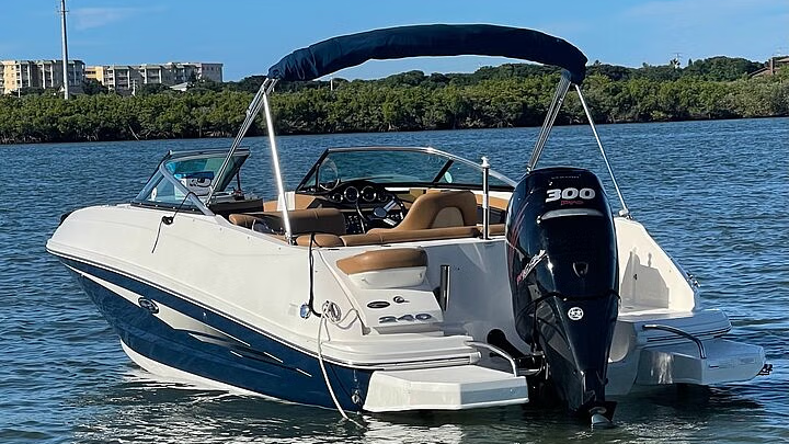 White and blue motorboat with a blue canopy on calm water. A black outboard motor is attached.
