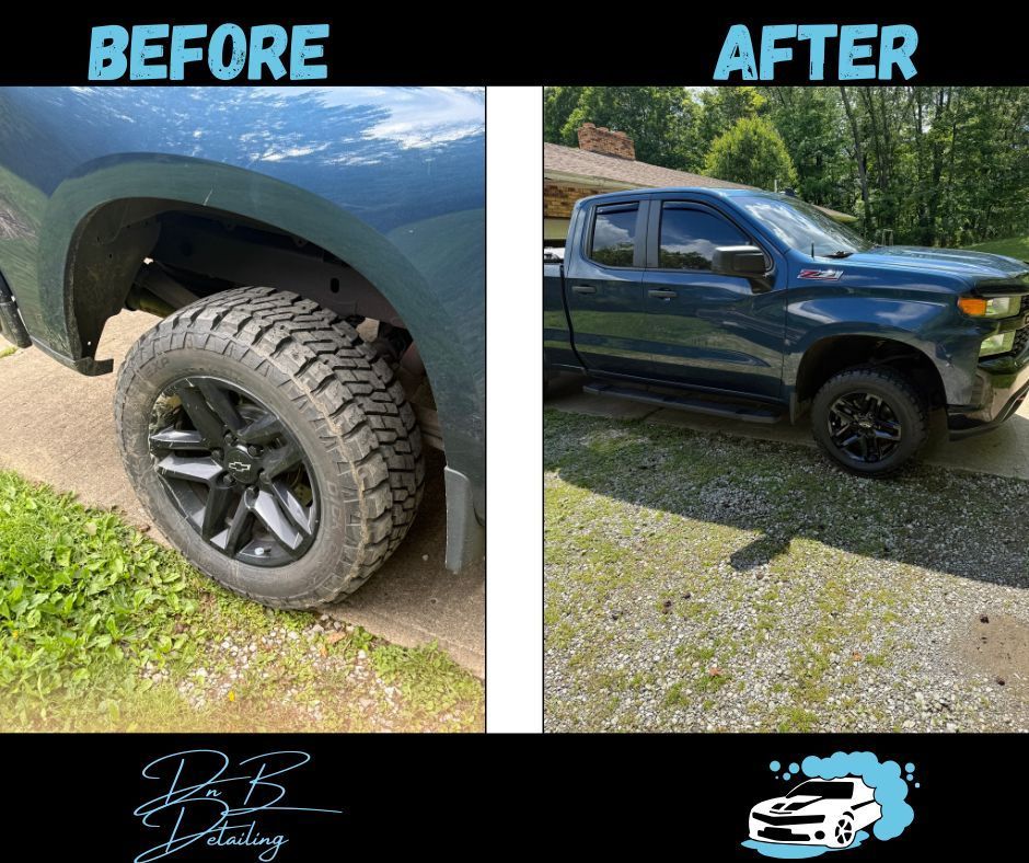 Comparison of a truck's wheel well before and after detailing. The after shows a clean, dark blue truck with black wheels, parked on gravel.