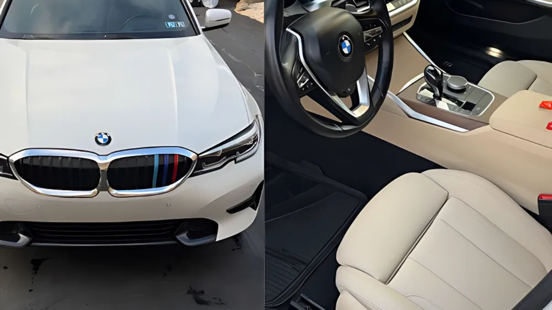White BMW car, front and interior view, showing dashboard, steering wheel, and beige seats.