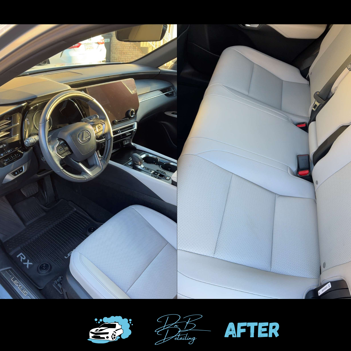 A cleaned, bright car interior with light gray leather seats and a black dashboard.  
