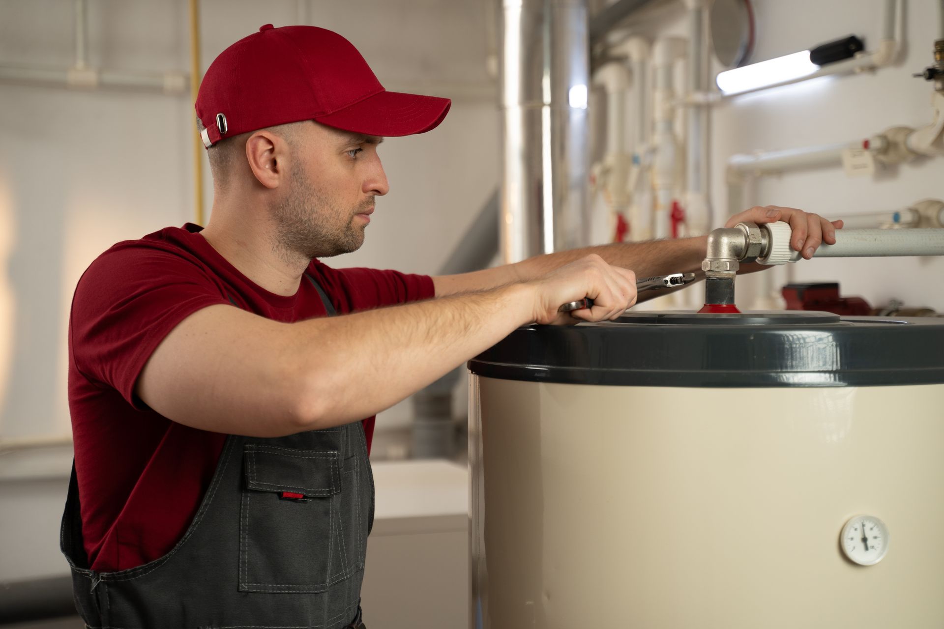 A person in a red cap and work overalls repairs a water heater with a wrench in a utility room.