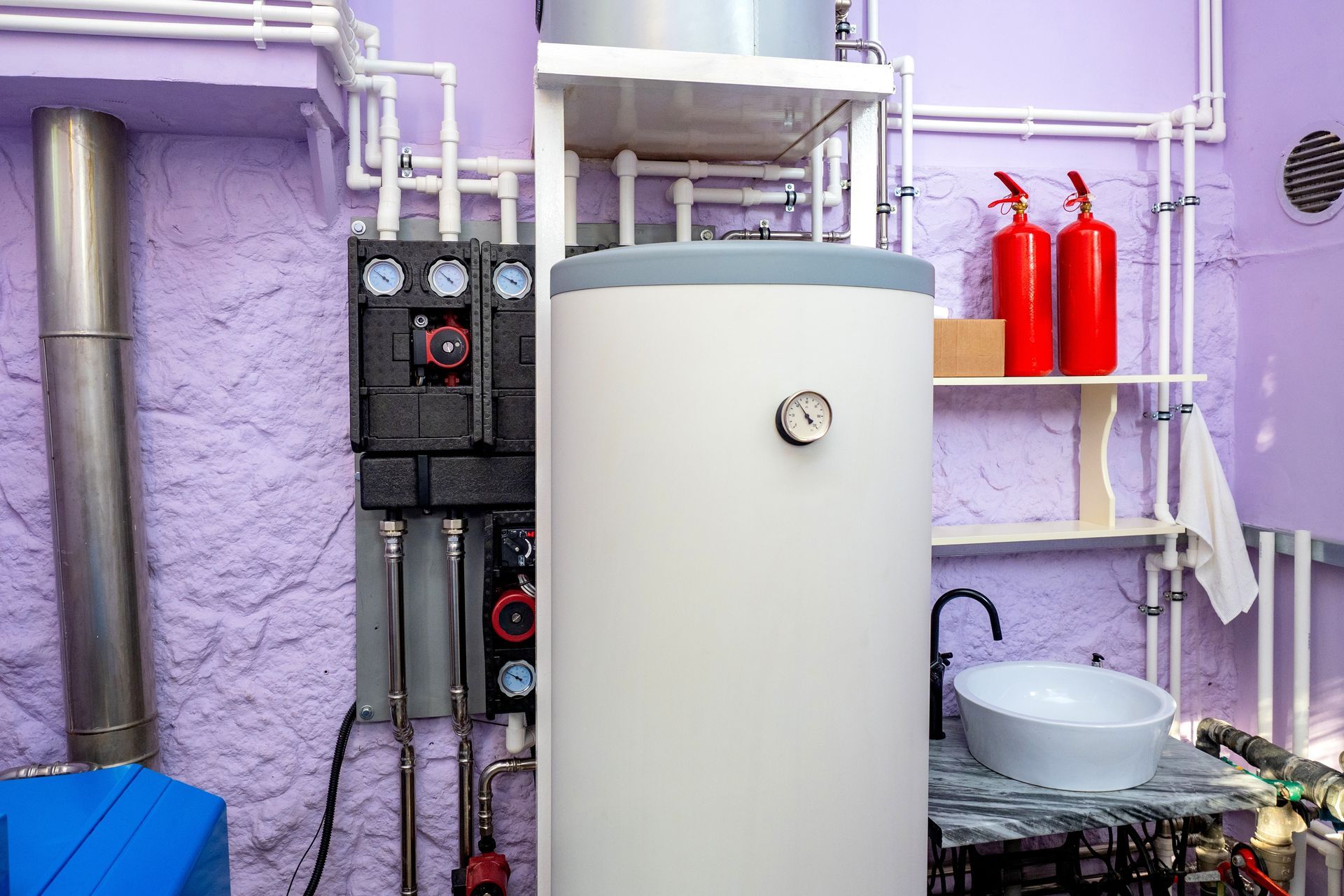 Water heater and plumbing in a utility room with fire extinguishers and a sink.