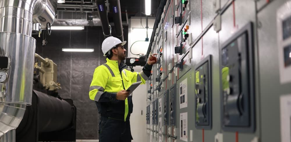 Electrical engineer in a hard hat and safety vest using a digital tablet to inspect an industrial co