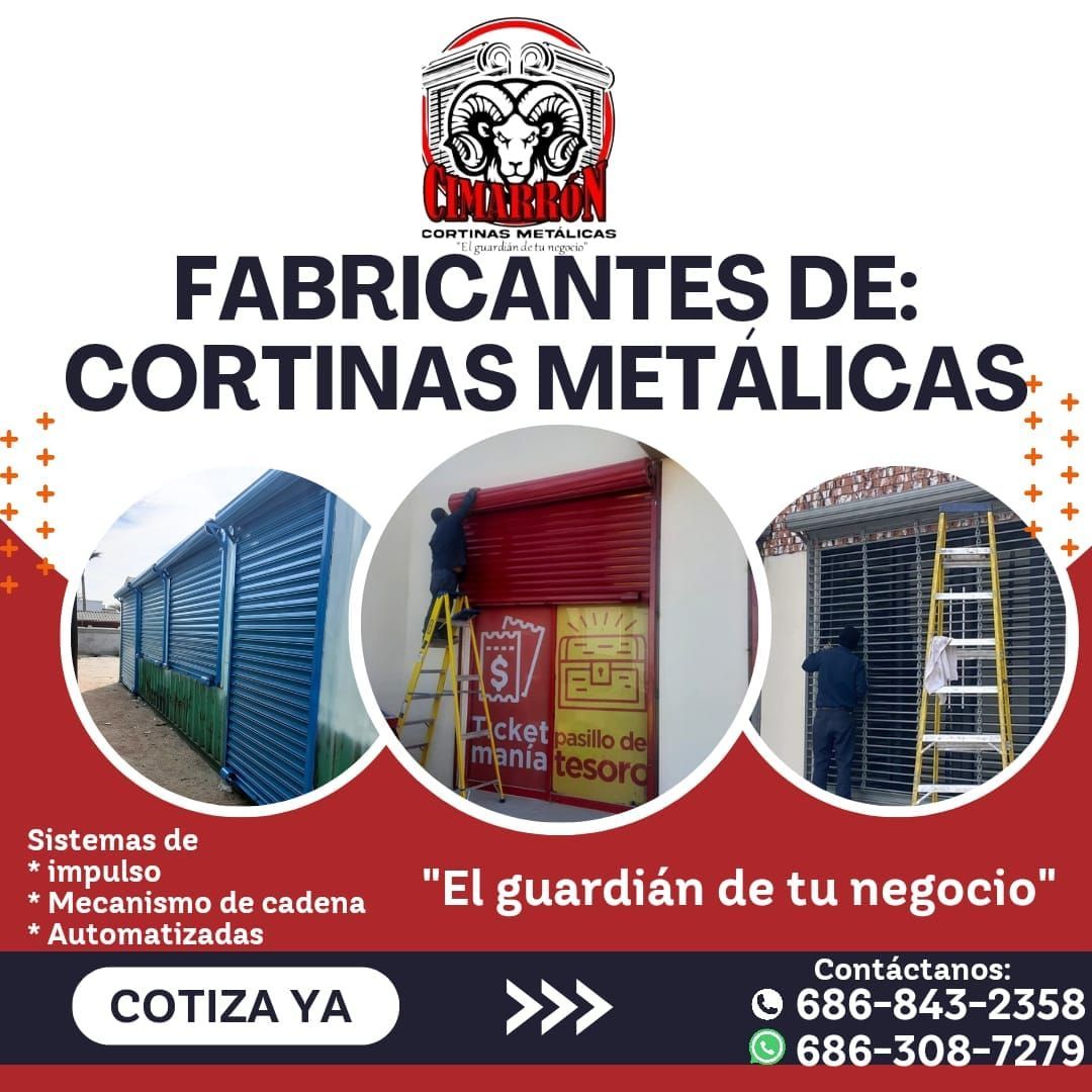 An advertisement for fabricantes de cortinas metalicas in spanish