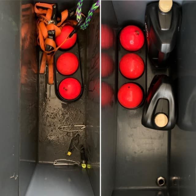 Two side-by-side images of a bin. The left is dirty with supplies; the right is clean with bottles.