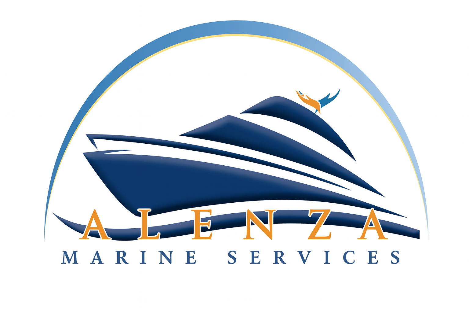 Logo for Alenza Marine Services: blue yacht illustration with a curved blue and gold arc above, text