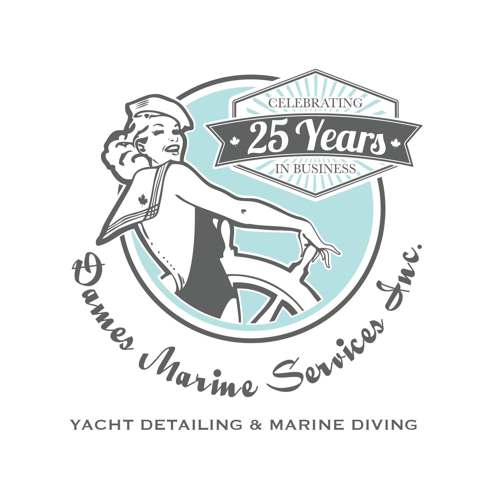 Logo for James Marine Services Inc. features a woman in sailor attire steering a ship’s wheel, with text “Celebrating 25 Years in Business.”