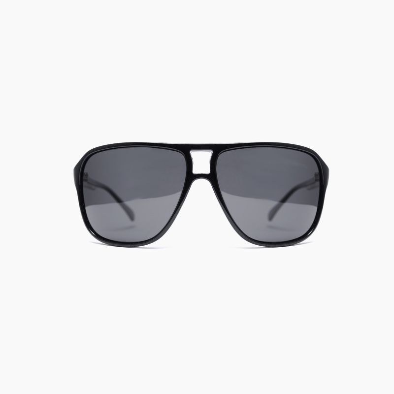 Black aviator-style sunglasses with gray lenses.