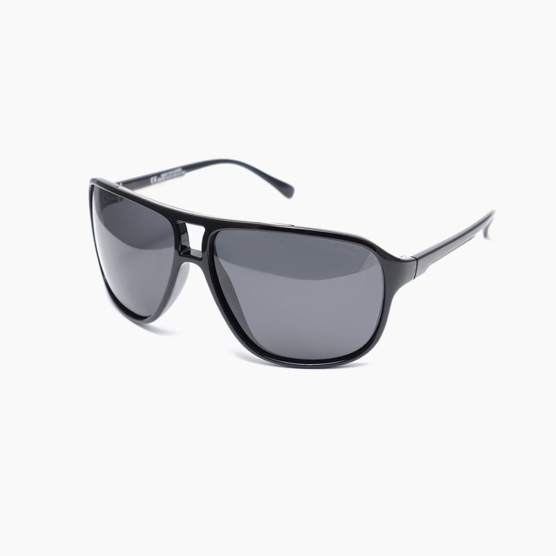 Black aviator-style sunglasses with gray lenses.