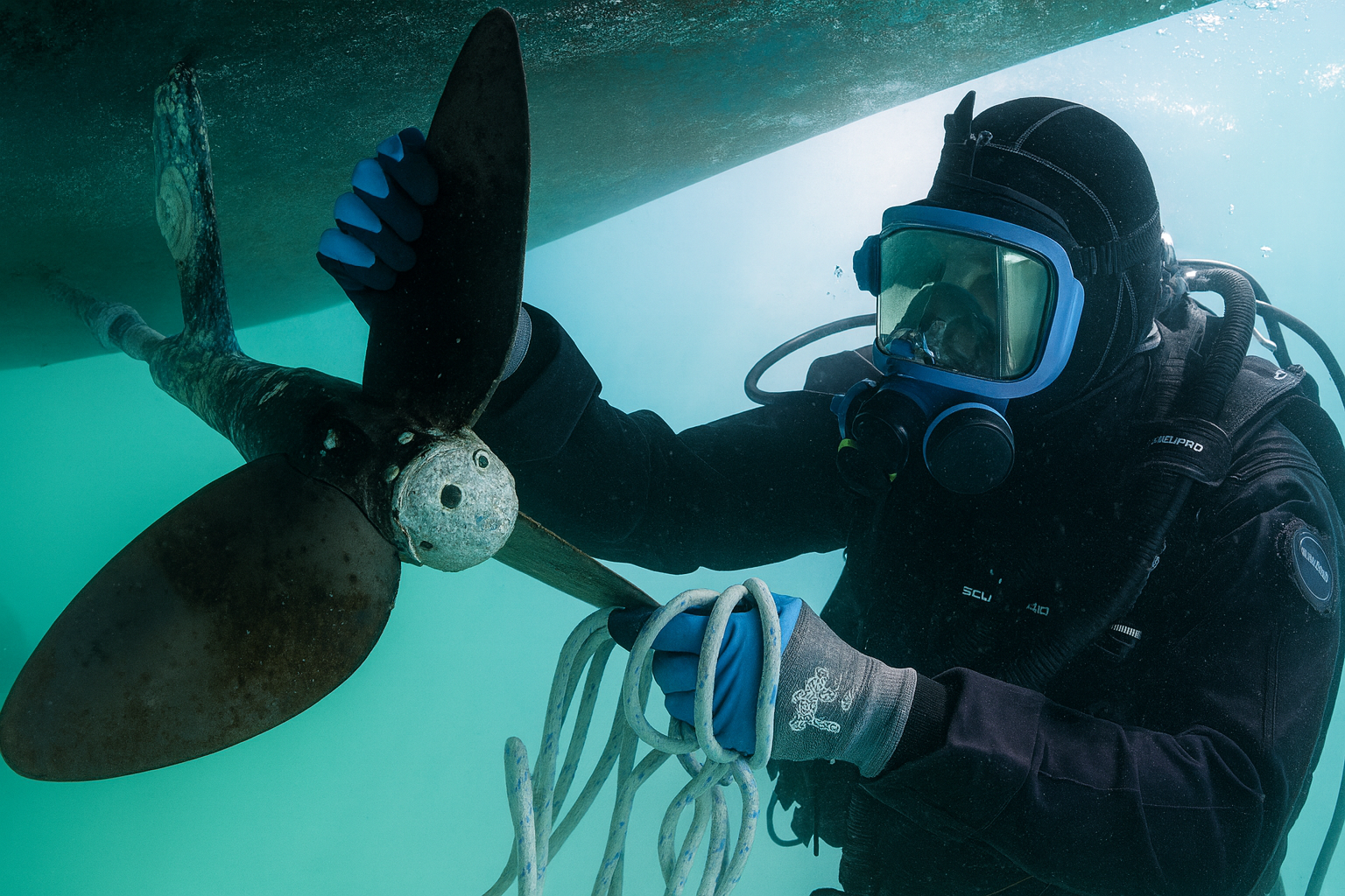 Diver in full gear inspecting a boat propeller underwater. Blue gloves, black suit, blue-tinted water.