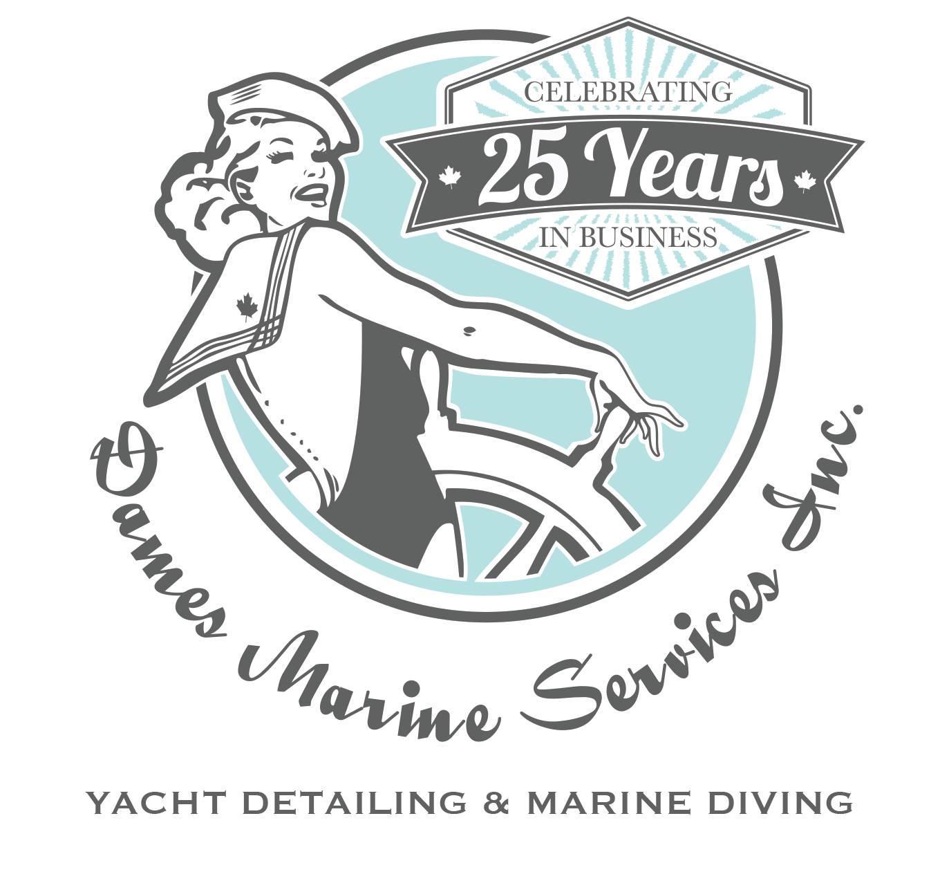 Logo for James Marine Services Inc.: A woman at a ship's wheel celebrates 25 years, teal and gray.
