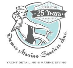 Logo for James Marine Services Inc.: A woman at a ship's wheel celebrates 25 years, teal and gray.