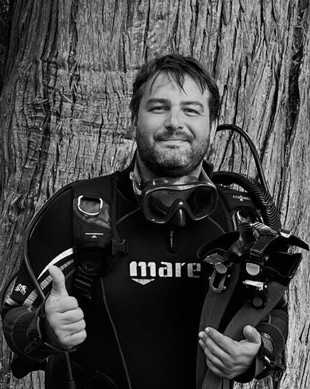 Scuba diver in wetsuit giving thumbs up, holding fins, in front of a tree.