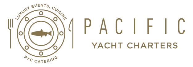 Logo for Pacific Yacht Charters: circle with fish, fork, knife, text.