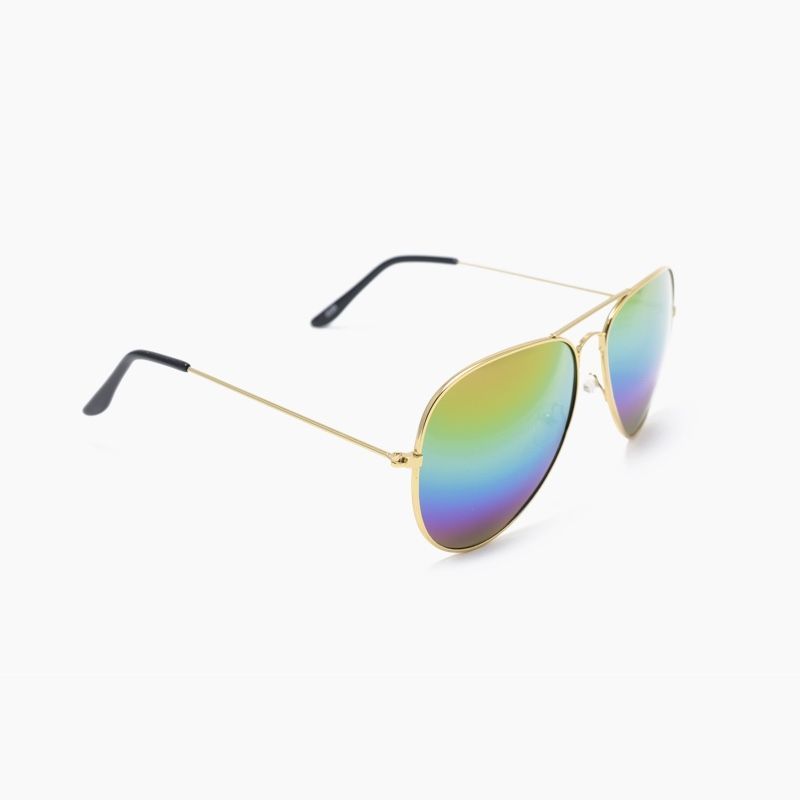 Gold-framed aviator sunglasses with rainbow-colored lenses.
