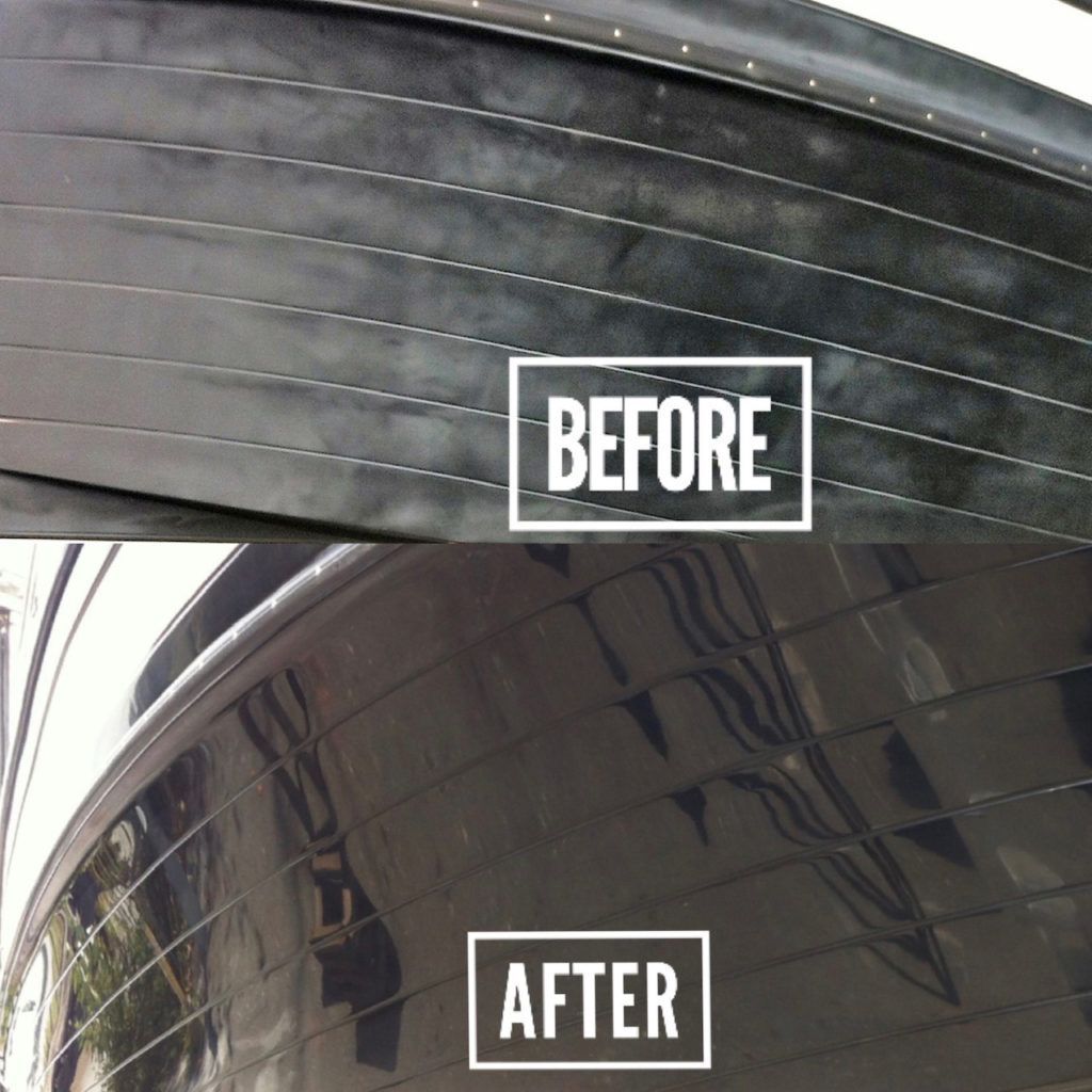 Comparison of a boat hull before and after cleaning and polishing; the after image is glossy.