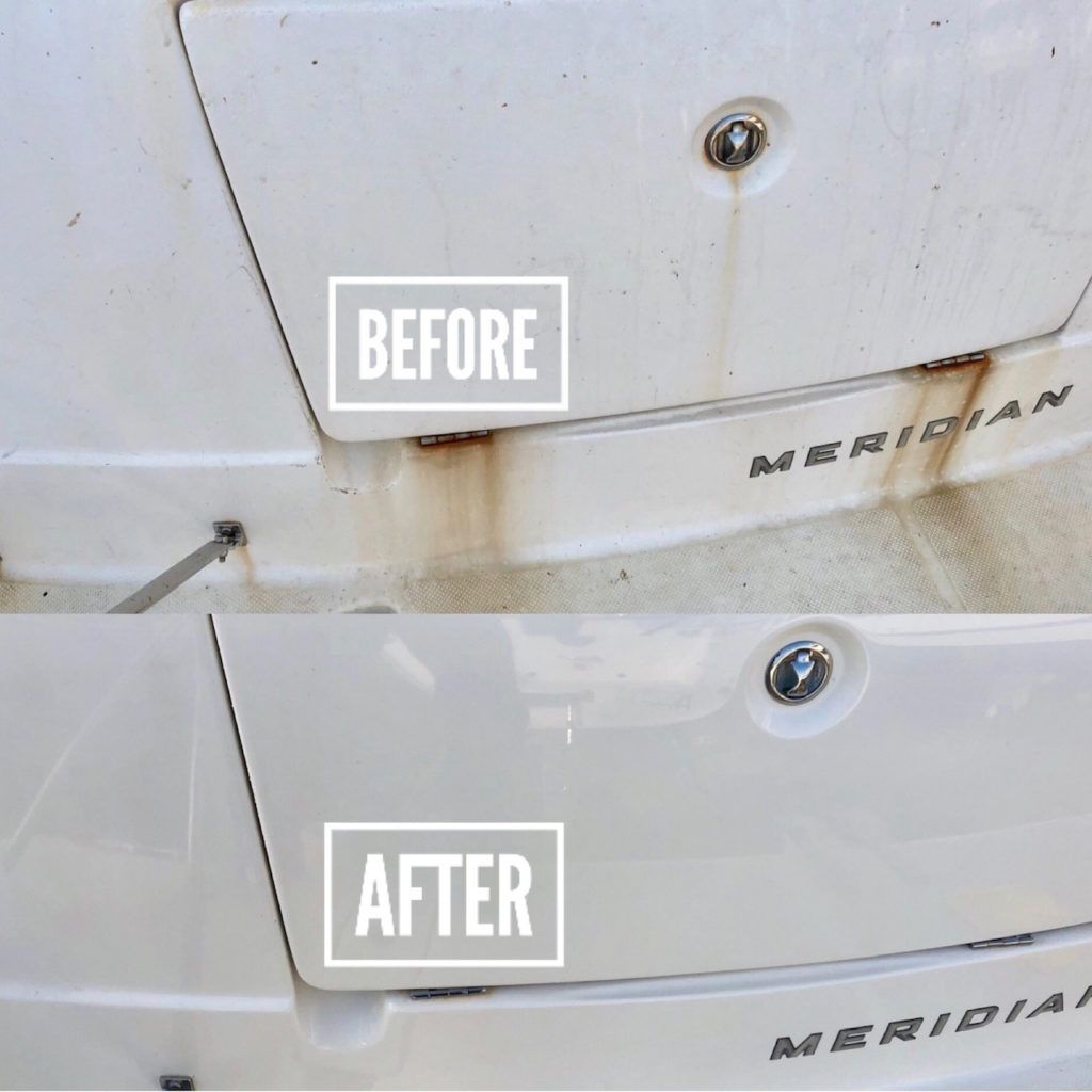 Before and after photos showing a white boat's transom cleaned of brown stains and grime.