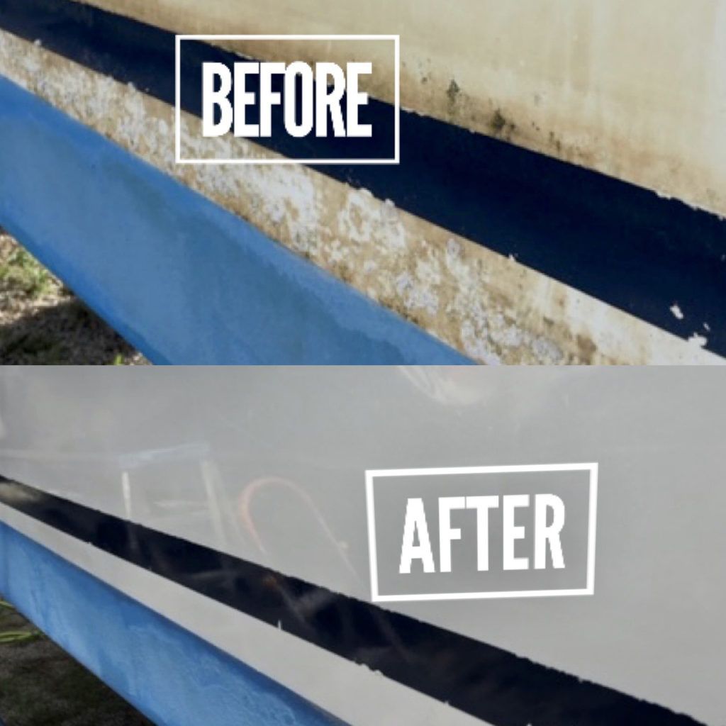 Boat hull before and after cleaning: grime removed, revealing clean white and blue surfaces with black stripe.