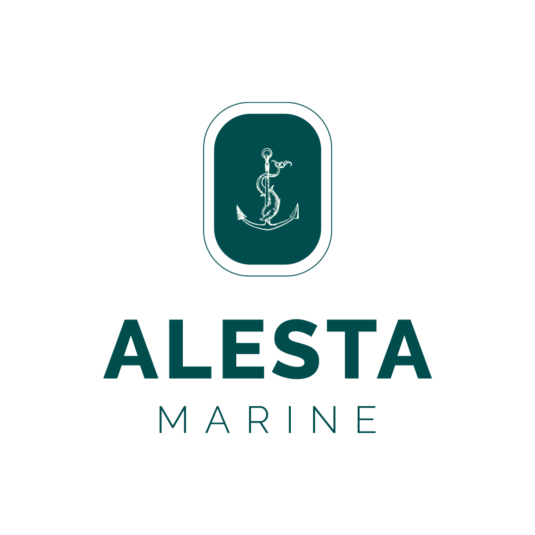 Logo for Alesta Marine: Green anchor inside a green-bordered oval,