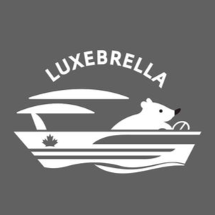 White logo: Beaver driving a boat under an umbrella,