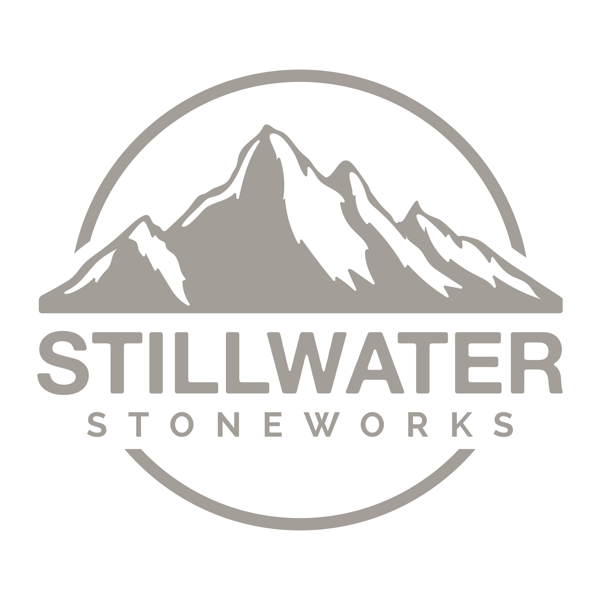 Gray logo with mountain range inside a circle and the words
