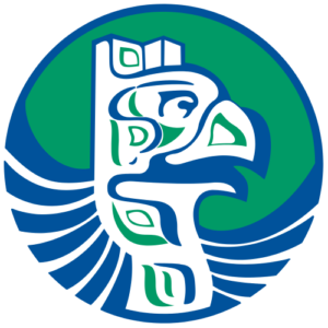 Blue and green Native American-style eagle design within a green and blue circle.