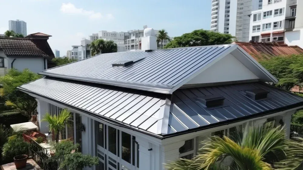 A white house with a reflective metal roof, surrounded by greenery and buildings in the background.