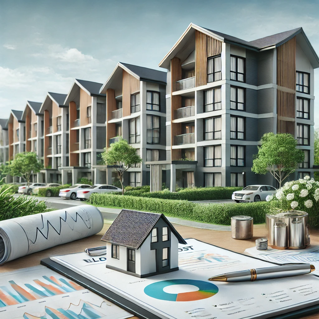 Multi-family apartment complex with a 'For Sale' sign

