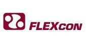 A red and white logo for flexcon on a white background.