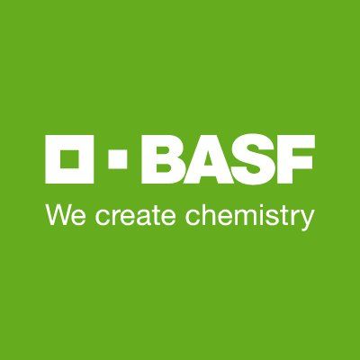 The basf logo is on a green background and says `` we create chemistry ''.
