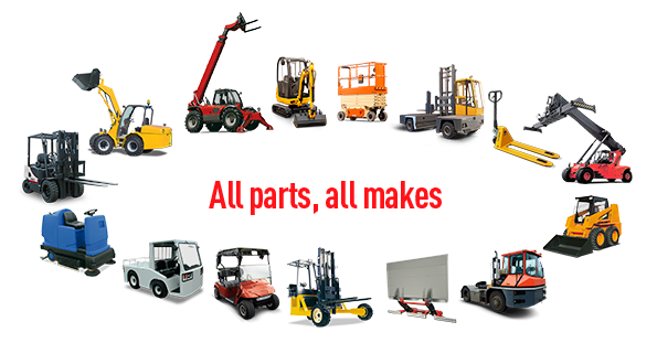 A group of construction vehicles are lined up in a circle with the words all parts all makes.