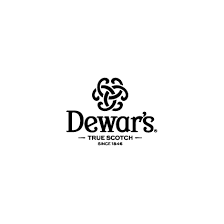 A black and white logo for dewar 's true scotch on a white background.