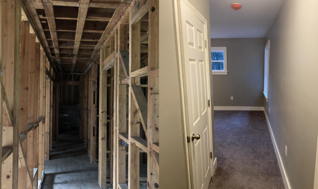 A before and after picture of a hallway in a house under construction.