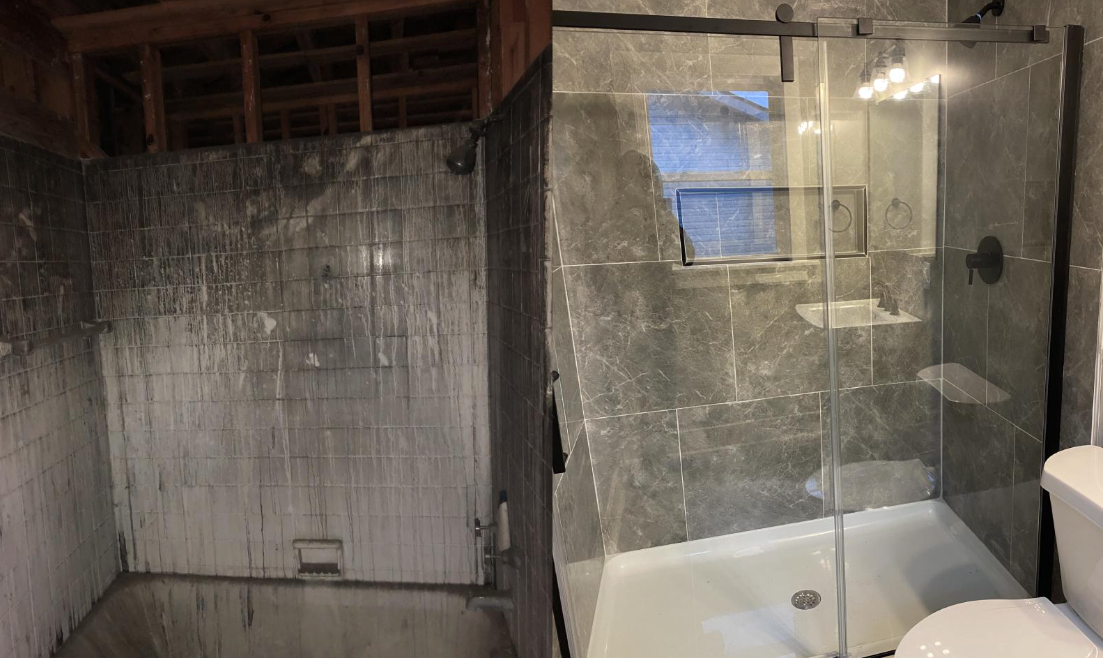 A bathroom with a bathtub , toilet and shower.