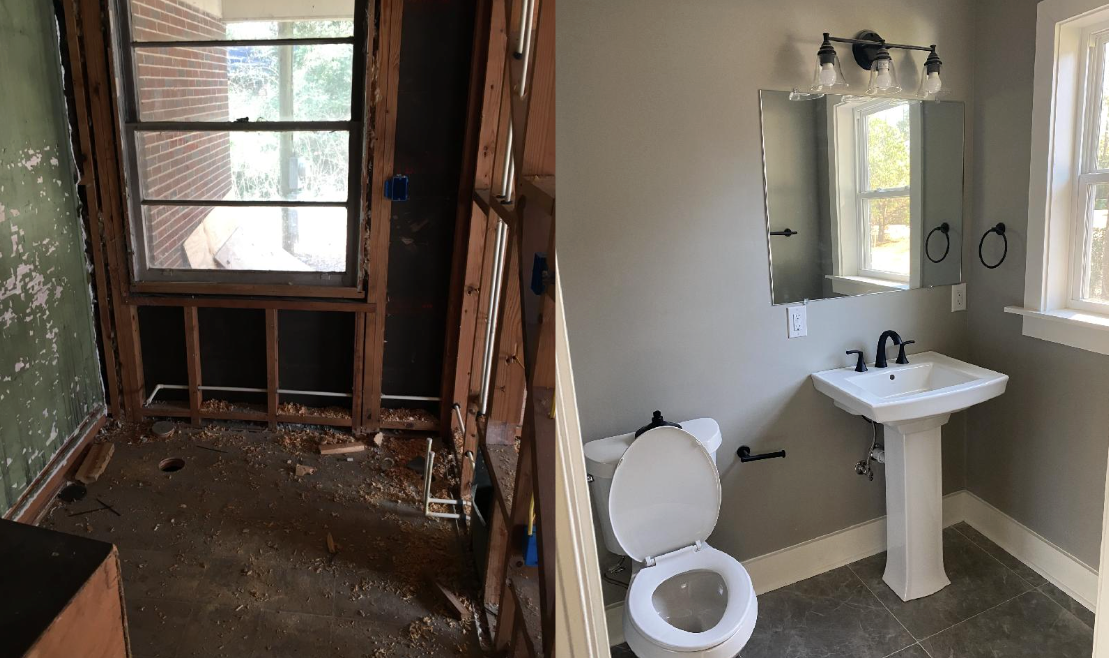 A before and after photo of a bathroom with a sink and toilet.
