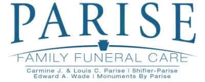 The parise family funeral care logo is blue and white