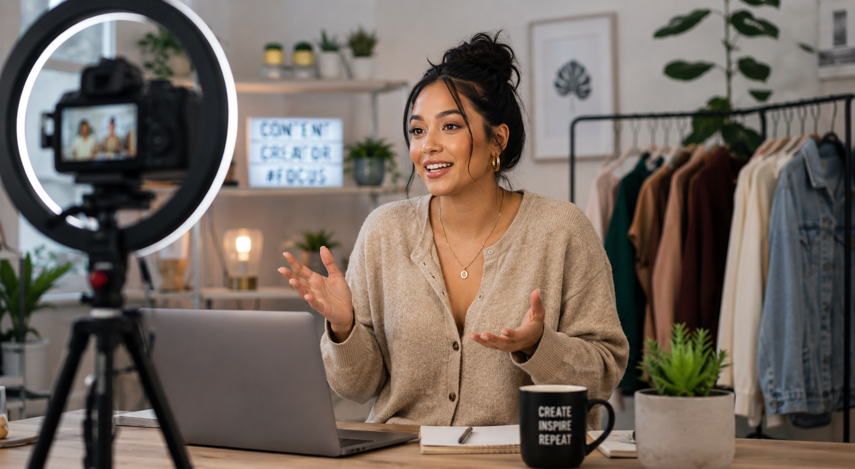 Content creator filming a video in a home studio with a camera, ring light, and laptop while creatin