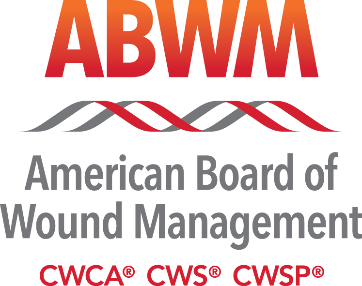 Logo for the American Board of Wound Management, featuring red-orange text and a stylized gray and red wave graphic.