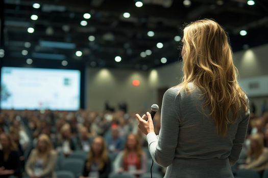 Woman speaking into a microphone at a conference, facing a large audience.