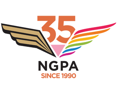 Logo for NGPA's 35th anniversary: stylized wings flanking the number 35, featuring a solid gold wing and a rainbow wing.