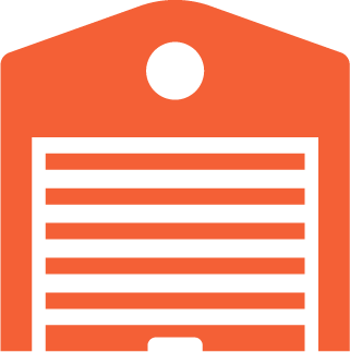 an orange and white icon of a garage with a striped garage door .