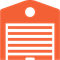 an orange and white icon of a garage with a striped garage door .