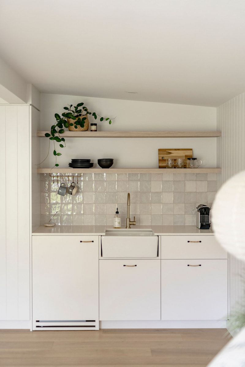 White and Wood-toned Kitchenette With Open Shelving — Goode By Design in Unanderra, NSW