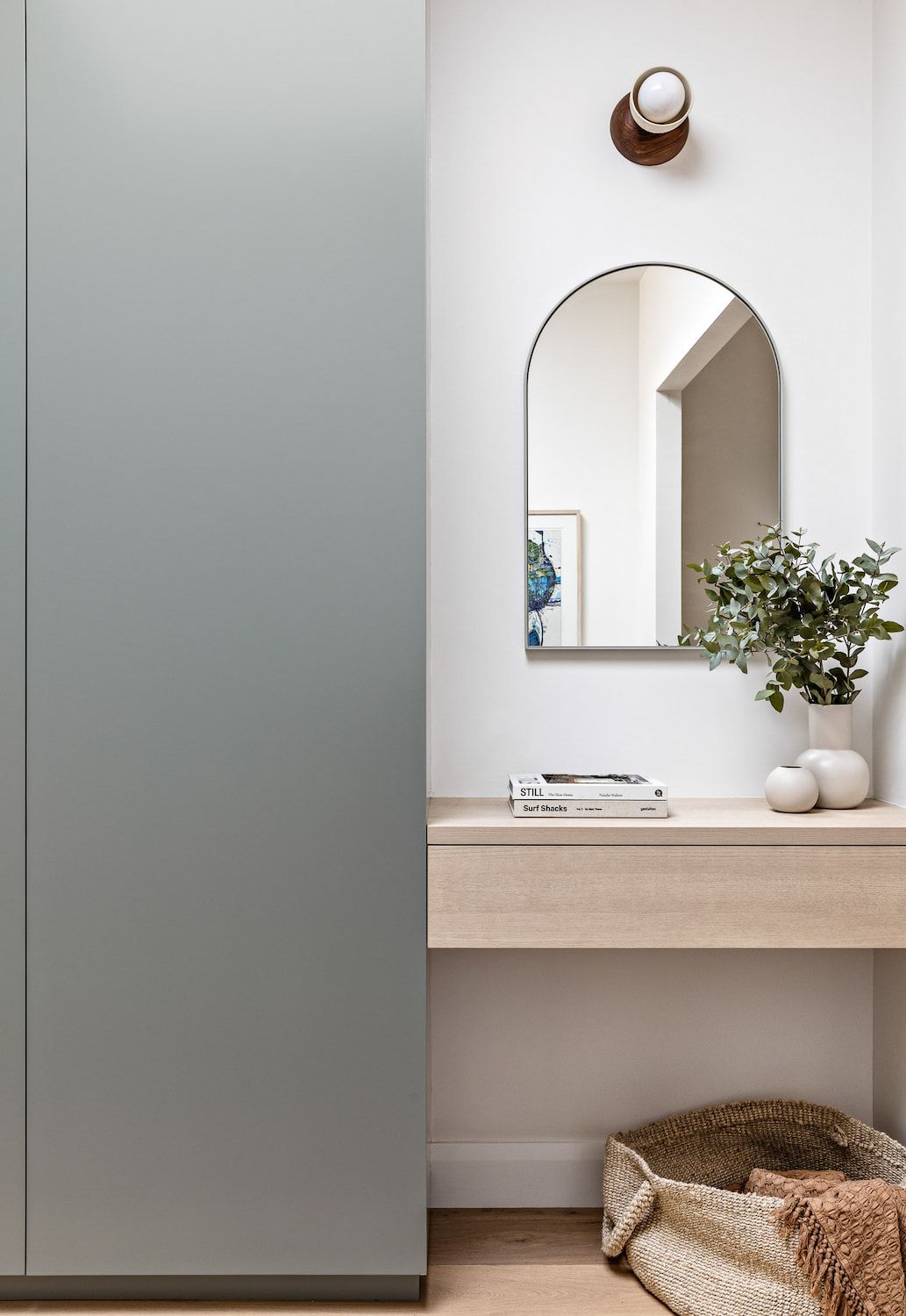 Hallway With Gray Door, Arched Mirror, Console Table With Decor — Goode By Design in Unanderra, NSW