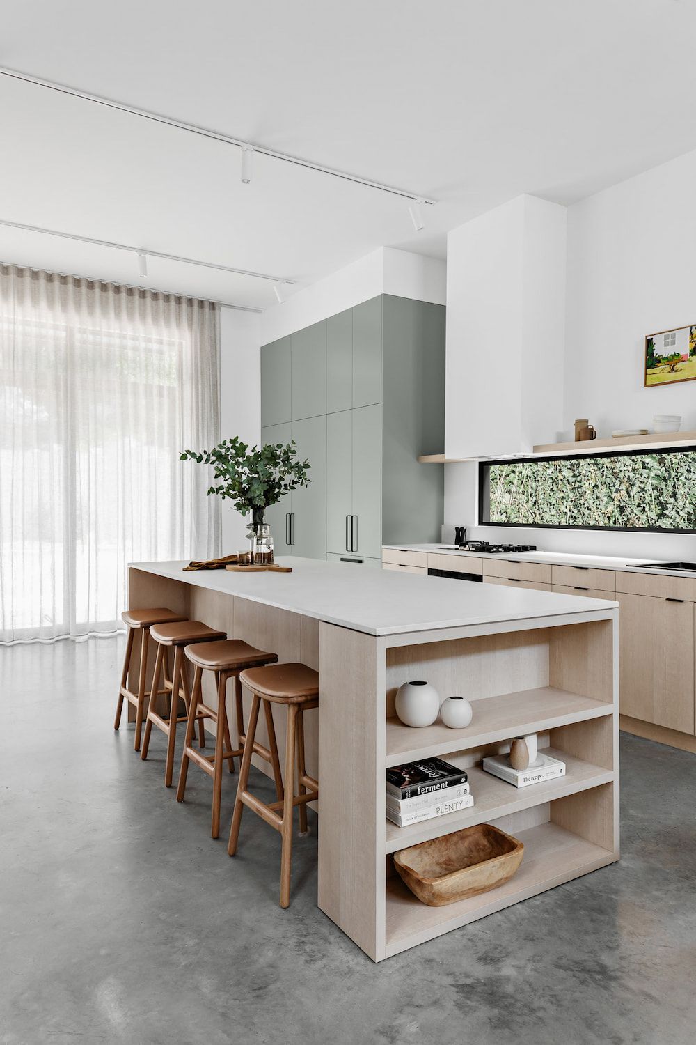Modern Kitchen With Light Wood Island, Stools, and Shelves — Goode By Design in Unanderra, NSW