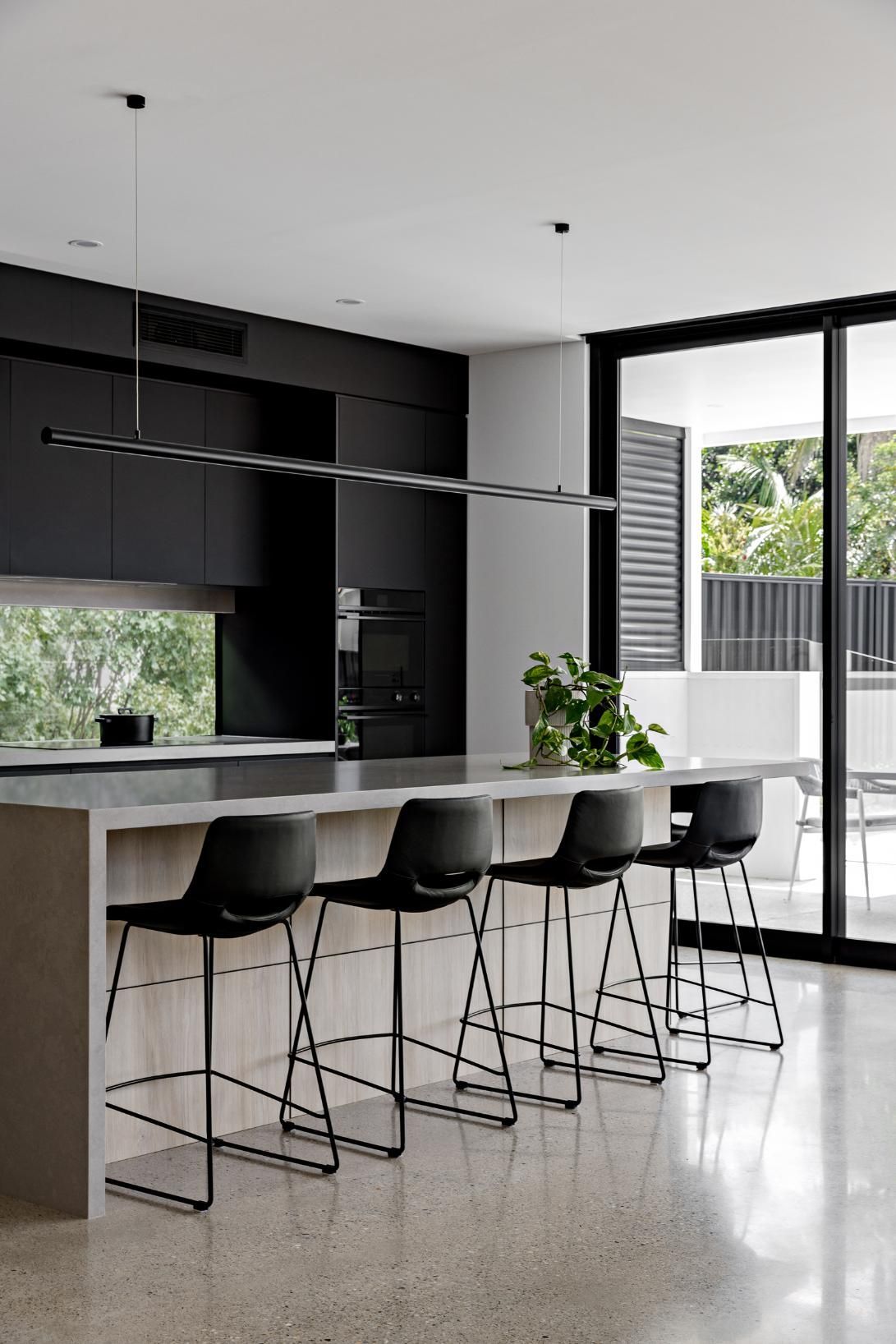 An Open Plan Kitchen with Waterfall Island— Goode By Design in Illawarra, NSW